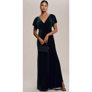 Jenny Yoo Ellis Ruffle-Sleeve Open-Back Green Velvet Wedding Gown 8.